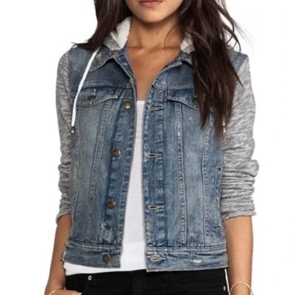 Free People Denim Hoodie Jacket Distressed Jean Jacket with Knit Sleeves Gray Si - Picture 1 of 11
